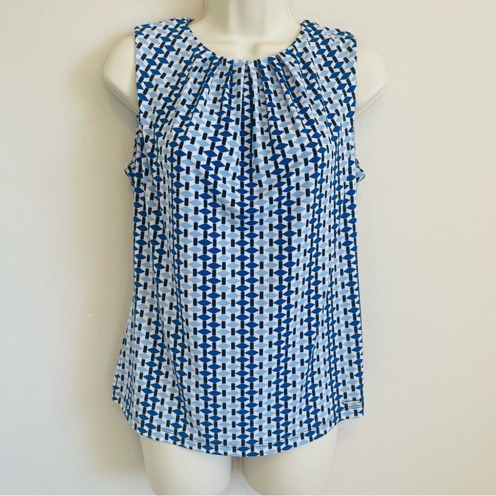 CALVIN KLEIN Sleeveless Top Size Small Pleated Neck Geometric Optical Art Shell